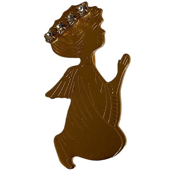 Vintage Gold Tone Praying Angel Brooch Pin Rhinestones Halo Etched Metal Disc - Picture 4 of 8